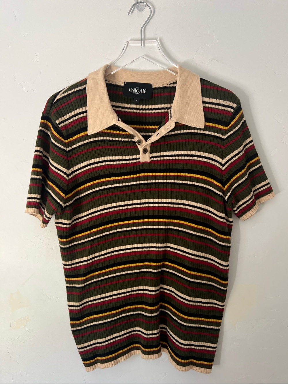 COLLECTIF Men’s Retro Ribbed Polo Shirt - Olive Multistripe